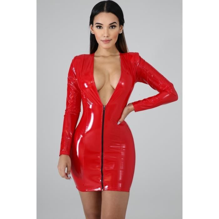 Robe Robe en Faux cuir PU pour femmes tenue courte avec fermeture