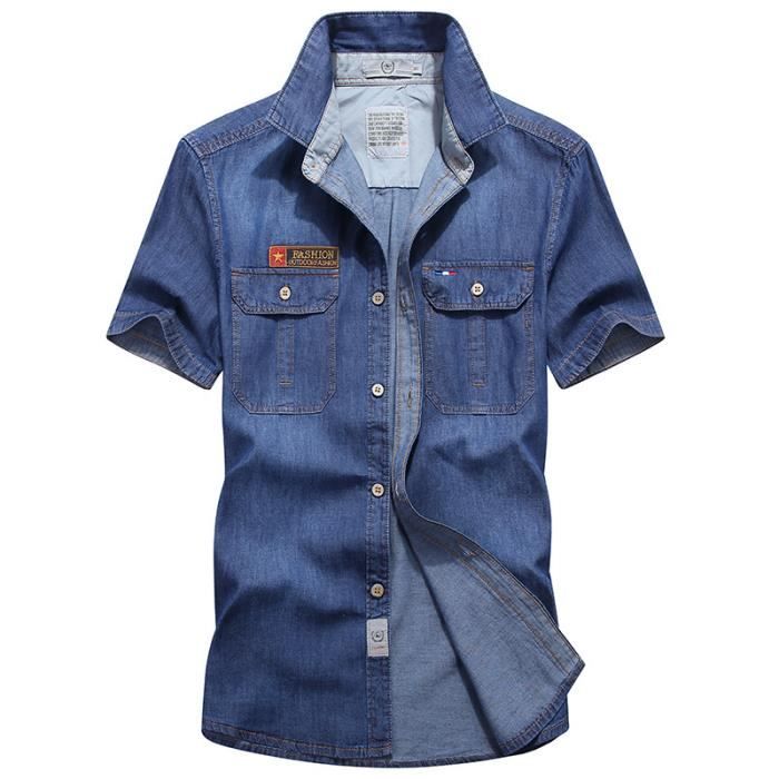 Chemise en Jeans Homme Manches Courtes en Coton Casual Chemisette Ete Avec  Poche Couleur Unie Bleu clair