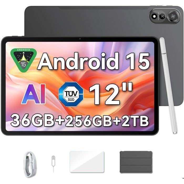 Blackview x Gemini AI 2.0 MEGA 2 WiFi Tablette 12 90Hz RAM 36 Go ROM 256 Go/SD 2 ToAndroid 15 WiFi 6 9000mAh PC 2.0 – Gris