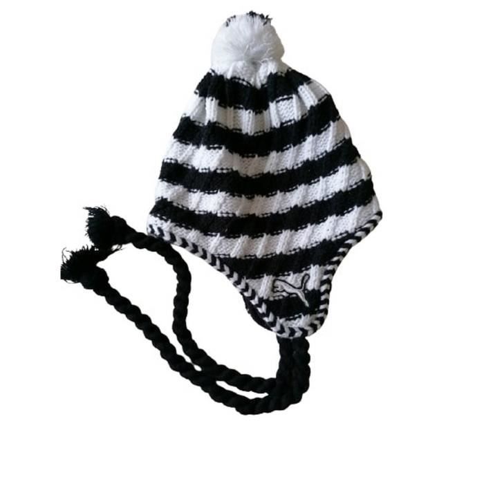 Bonnet Puma Femme Earlflap Peruvien Noir et Blanc A Pompon noir Cdiscount Pret a Porter