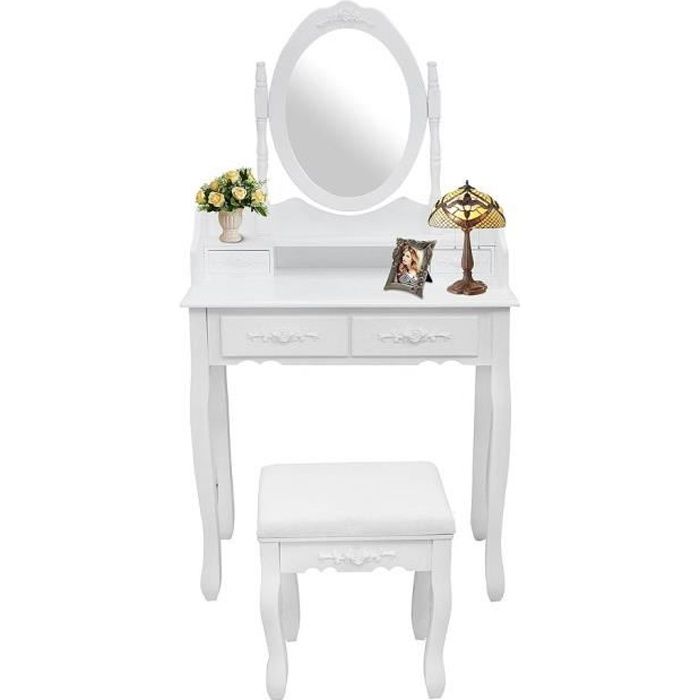 table de maquillage - sotech - blanc - 4 tiroirs - miroir oval moulé - mdf, bois de paulownia
