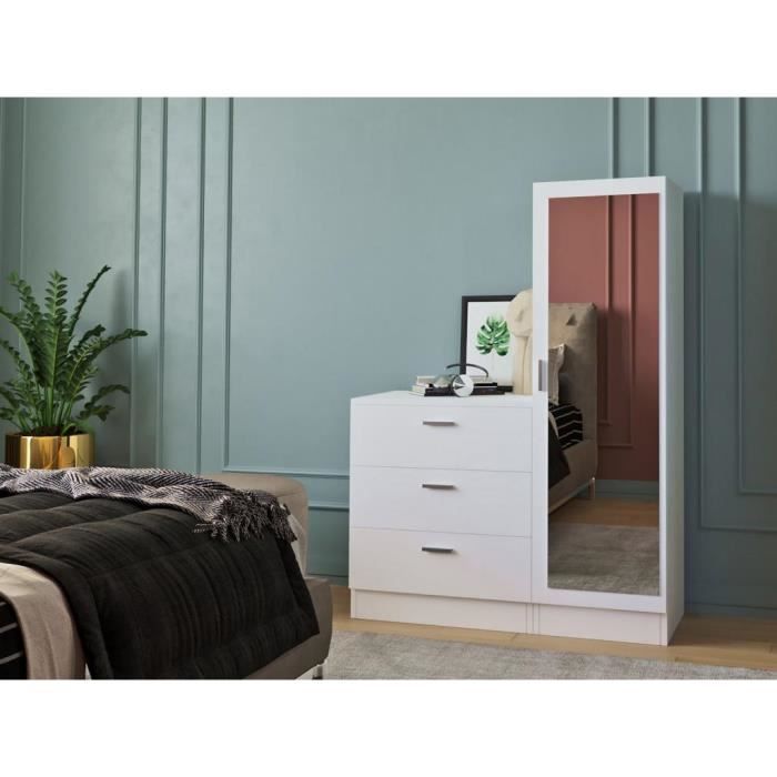 Commode avec armoire et miroir - VITORIO - Blanc - 3 tiroirs - Style classique