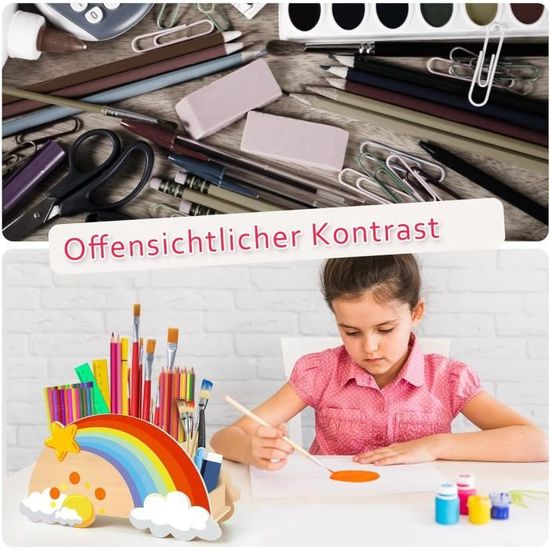 Jokisa Pot à Crayons Enfant Bois Arc-en-Ciel - Organiseur Bureau 5 Compartiments, Rangement École & Chambre