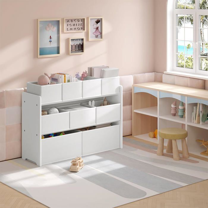 Meuble Rangement Enfant AIYAPLAY - 6 Bacs Amovibles + Coffre à Roulettes + Bibliothèque 3 Niveaux - Blanc, 80 Cm - 8