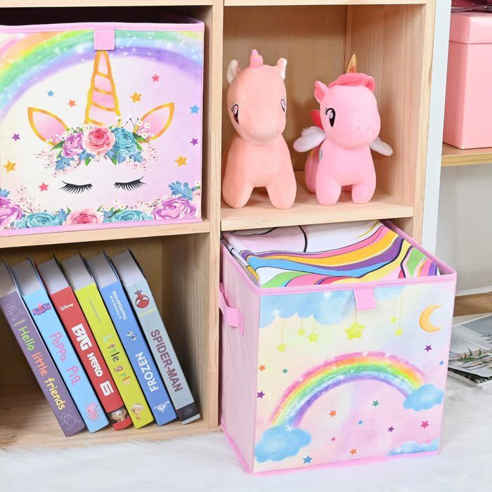 Lot De 2 Bacs Rangement Licorne Cube Pliables 28cm - Rose - Organisateur Chambre Enfant Fille