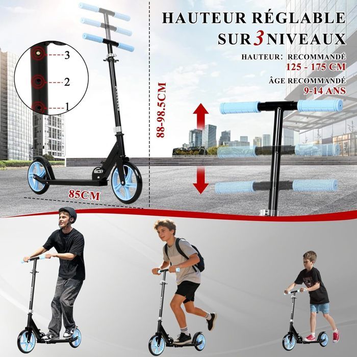KOMFOTTEU Trottinette Enfant avec 2 roulettes, LED et Frein, Planche à roulettes Pliabl, Hauteurs réglables 63-85 cm, Scooter en Aluminium, Charge