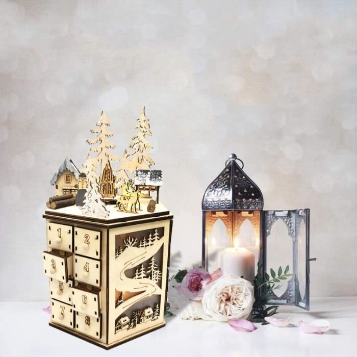 Calendrier De L'Avent Maison De Noël En Bois – 24 Tiroirs Avec Lumières LED, Comptage Festif Pour Adulte Et Enfant