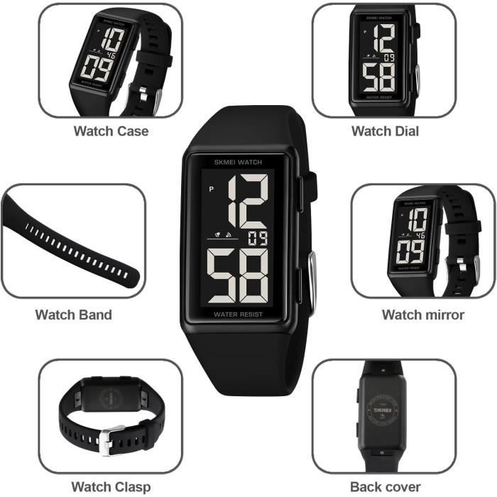 Montre SMAEL Pour Homme - Noire, Étanche 50m, Cadran LED Numérique, Chronomètre, Alarme - Style Classique