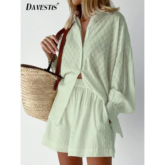 Ensemble 2 Pièces Femme Coton Lin – Chemise Manches Longues + Short Décontracté – Tenue Pyjama, Sport, Plage Ou Maison – Chic & Confort