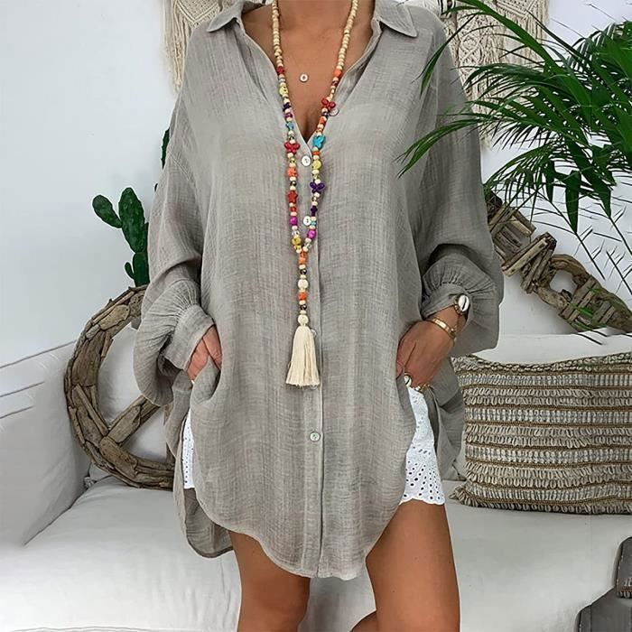 Chemise femme coton lin chic sexy longue loose chemise manches longues casual loose chemise printemps ete tunique Gris Gris Cdiscount Pret a Porter