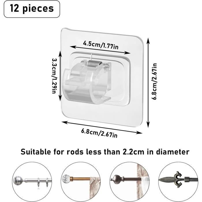 12 Pièces Support Tringle Rideaux Sans Percage Adhésif Transparent - Installation Facile Et Invisible