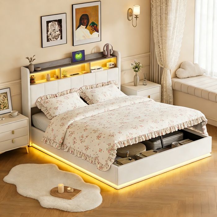 Lit rembourré 160 x 200 cm avec éclairage LED et tête de lit design, cadre de lit flottant rembourré en velours, blanc cassé | Leroy Merlin
