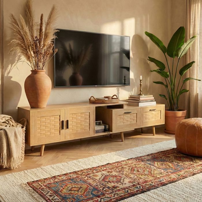 Finished wooden media console with TV, vase and books