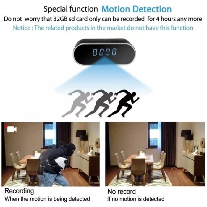 Horloge De Caméra Fil HD 1080P WiFi Réveil Détection De Mouvement
