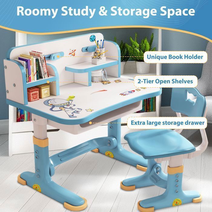 Bureau & Chaise Enfant Réglable En Hauteur Avec Support Inclinable & LED - Table D'Étude Ergonomique 3-18 Ans