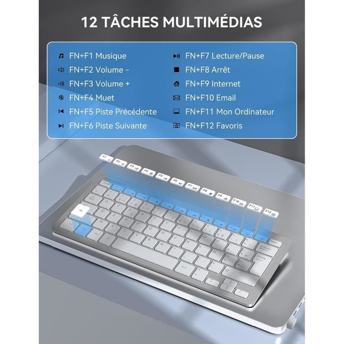 Tecknet clavier sans fil mini 2. 4g, ultra-mince azerty clavier batterie  longue durée avec 12 raccourcis multimédias, pour windows 10, pc,  ordinateur b - Clavier - Achat & prix