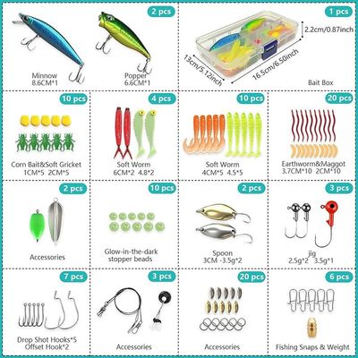 Lot De 101 Leurres De Pêche Avec Boîte - Crankbaits, Poppers, Cuillers, Leurres Souples, Têtes Plombées, Hameçons, Pour Brochet, Sandre, Truite, Perche, Eau Douce Et Salée
