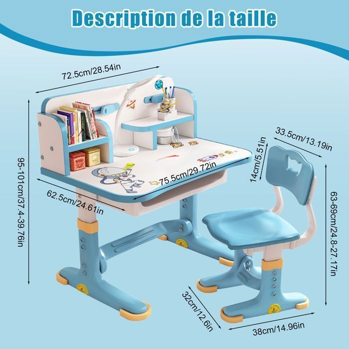 Bureau Et Chaise Enfants Réglables Avec Lampe LED & Support Lecture Inclinable – Table École Hauteur Ajustable 3-18 Ans, Tiroir XL, Ergonomique