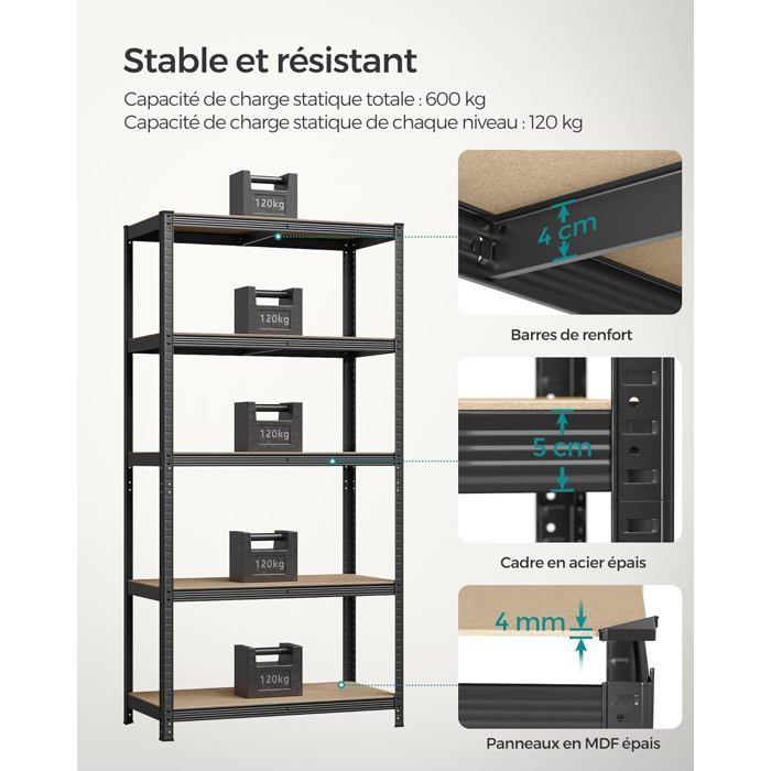 SONGMICS Lot De 2 Étagères De Rangement Charge Lourde - Étagère Garage 50 X 100 X 200 Cm, Jusqu'à 875 Kg, Montage En 15 Min, Tablettes Réglables, Argent GLR447E02