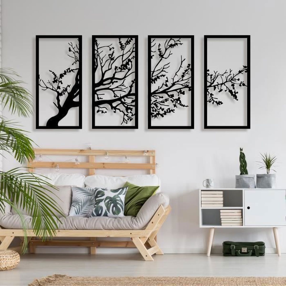 Décoration Murale en Métal arbre 100x50 cm, 4 panneaux Art Mural de