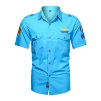Chemise Homme Ete Manches Courtes Chemisette Cargo Coton Couleur Unie Avec Poches - Bleu