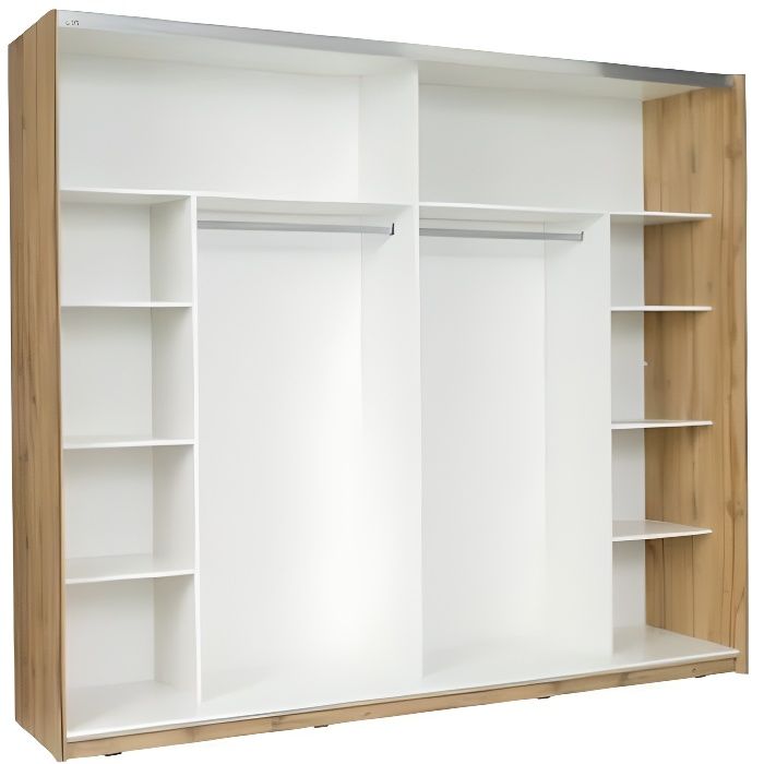 PRICE FACTORY Armoire, garde robe WOOD deux portes coulissantes 250 cm. Coloris chêne et blanc laqué. Meuble pour chambre à coucher