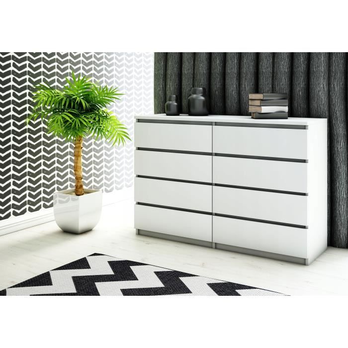 SVEA - Grande commode de chambre 8 tiroirs - 119x100x35cm - Meuble de rangement - Style scandinave - Blanc