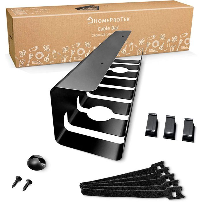 Plateau organisateur de bureau HomeProTek gestion de câbles + accessoires inclus - NOIR 40cm - Design intemporel - Passe câble