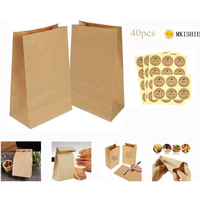 40 Sacs en Papier ,Sac Kraft,Sachet Papier Kraft,Sac en Papier,Sac Cadeau,Pochette Cadeau avec 40 Merci Étiquettes Pochette Kraft