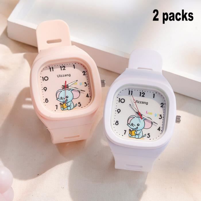 2 Packs Montre Fille Sœurs Jumeaux Amie Proche intime Mignon Dessin INS - Cadran Carré Rose et Blanc