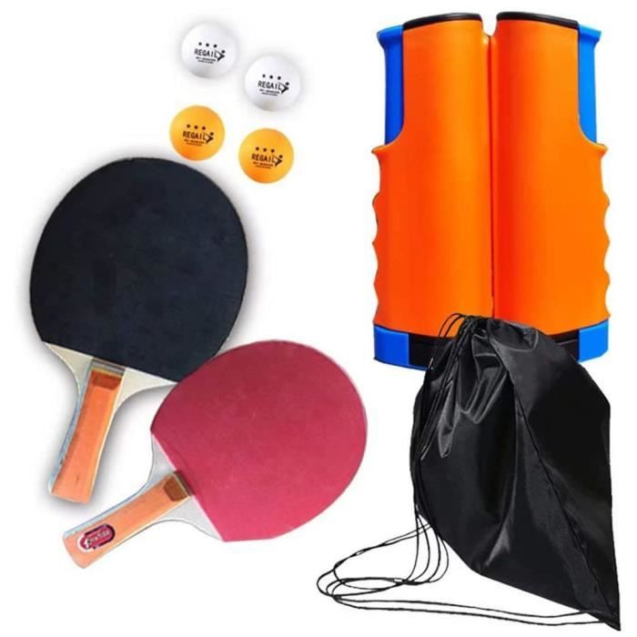Set de tennis de table filet de ping-pong rétractable + 2 raquettes + 4 balles + sac - bleu orange