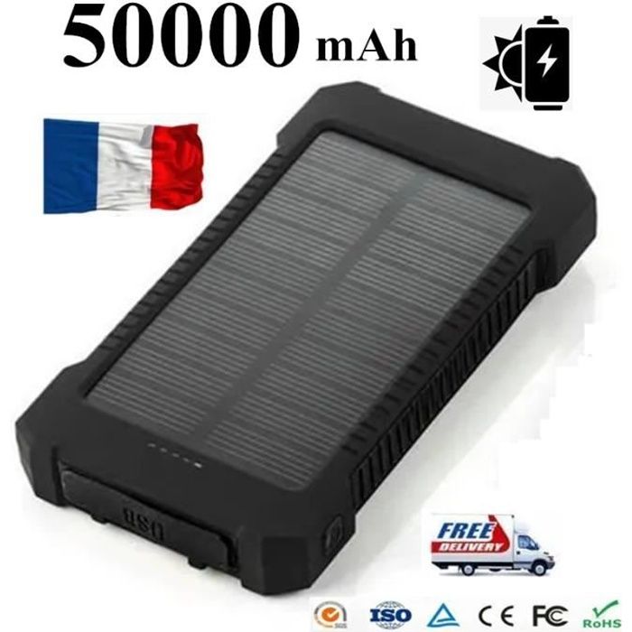 50000mAh Chargeur de Batterie Solaire Power Bank chargeur de Secours Portable Batterie Externe Etanche（Black）