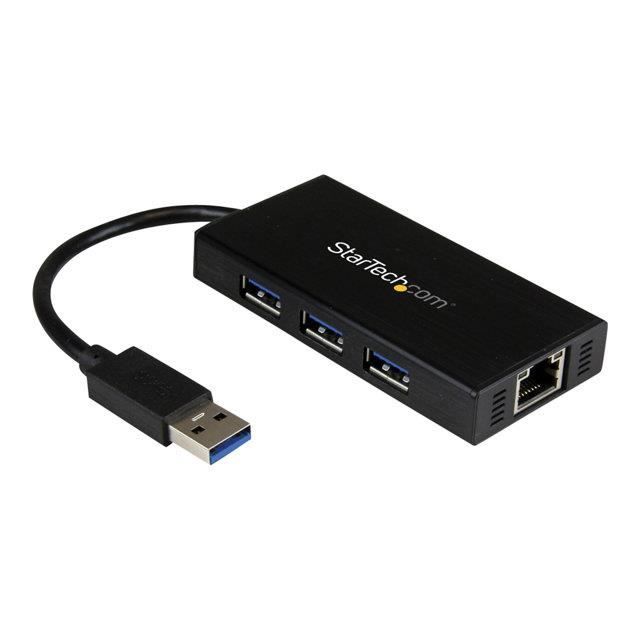 STARTECH Hub USB 3.0 à 3 ports avec adaptateur Gigabit Ethernet et câble intégré - Concentrateur USB 3.0 portable - Aluminium