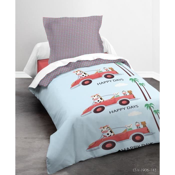 TODAY Parure de couette 100% coton HAPPY NICE DAYS - 1 housse de couette et 1 taie d’oreiller - 140x200 cm - Bleu