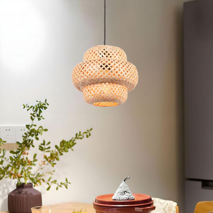TOKIUS Suspension Luminaire en Bambou Naturel Lustre E27 en rotin fait à la main Design Lanterne Tressée Rétractable pour Bar Café