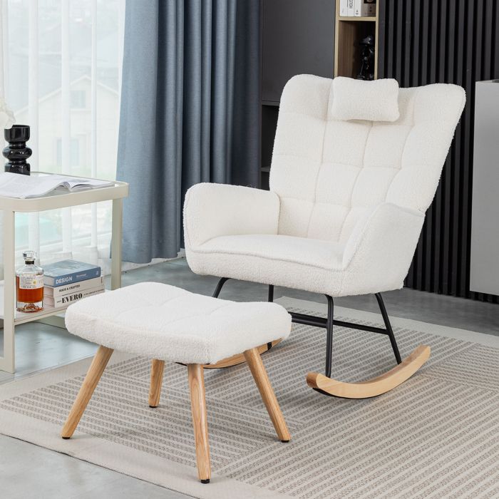 Fauteuil à Bascule Confortable Chaise de Salon Rembourrée Rocking Chair avec Appui-Tête et Repose-Pied Teddy-Fleece Blanc