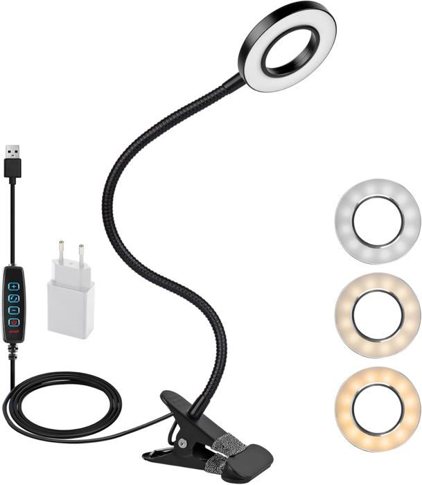 Lampe LED à pince flexible à 360° - 3 modes et 10 niveaux de gradation - 12 W - Avec adaptateur CE - Noir [Classe énergétique F]