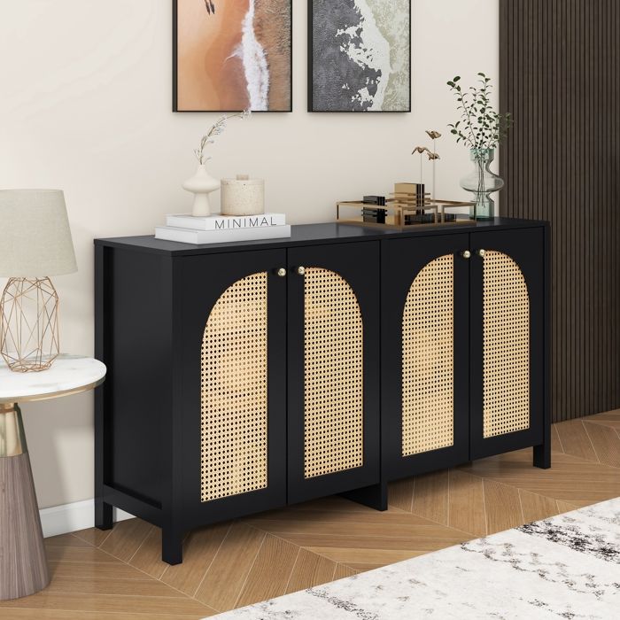 Buffet moderne de style minimaliste 4 portes en rotin poignée en métal meuble buffet simple noir 145 x 40 x 80 cm Buffet moderne de style minimaliste 4 portes en rotin poignée en métal meuble buffet simple noir 145 x 40 x 80 cm