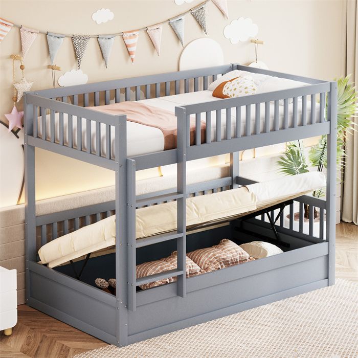 Lit Superposé 2 Places avec Coffre de Rangement Lit Superposé Enfant 90x200 en Bois Massif Robuste et Durable Coloris Gris Pin