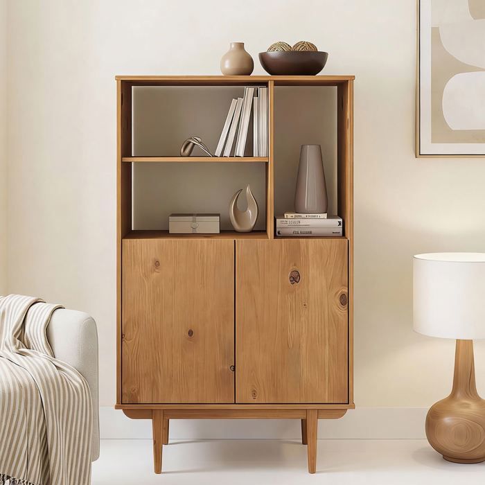 Buffet haut SIMONA 80x133 cm en Bois massif coloris chêne avec 2 Portes et Étagères Vaisselier en hauteur Buffet haut SIMONA 80x133 cm en Bois massif coloris chêne avec 2 Portes et Étagères Vaisselier en hauteur