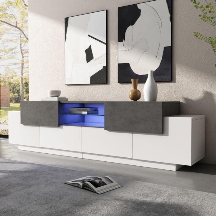 Meuble TV Blanc Brillant Avec LED RGB - 200 Cm, 2 Tiroirs, étagères Verre, Design Moderne