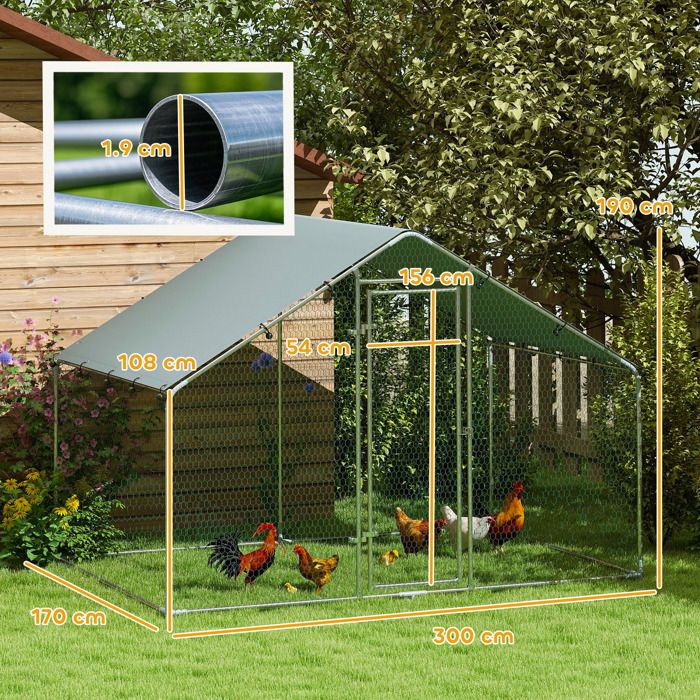 Poulailler Enclos 3x17x19 m avec serrure Poulailler en acier galvanisé avec toit étanche anti-UV Enclos extérieur pour volaille