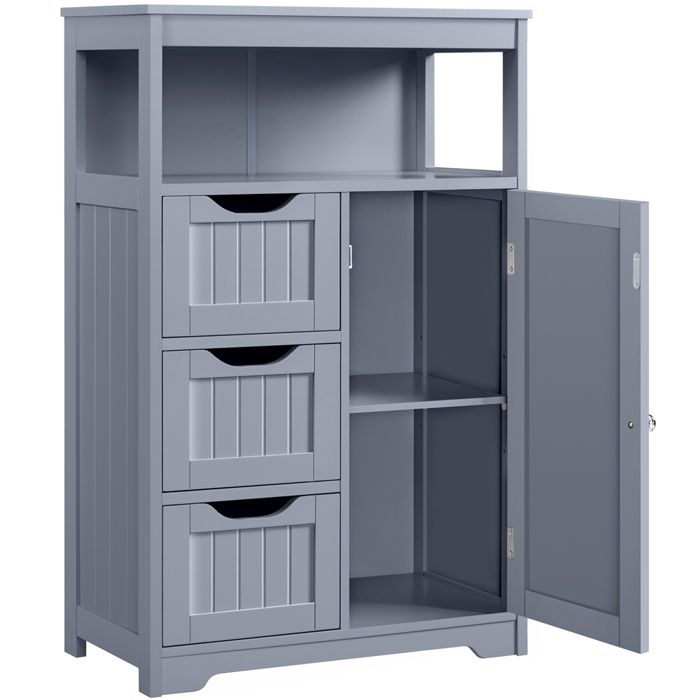 Yaheetech Armoire de Salle de Bain à 3 Tiroirs et 1 Porte Meuble Bas en Bois avec Tablette Réglable Compartiment Ouvert Gris