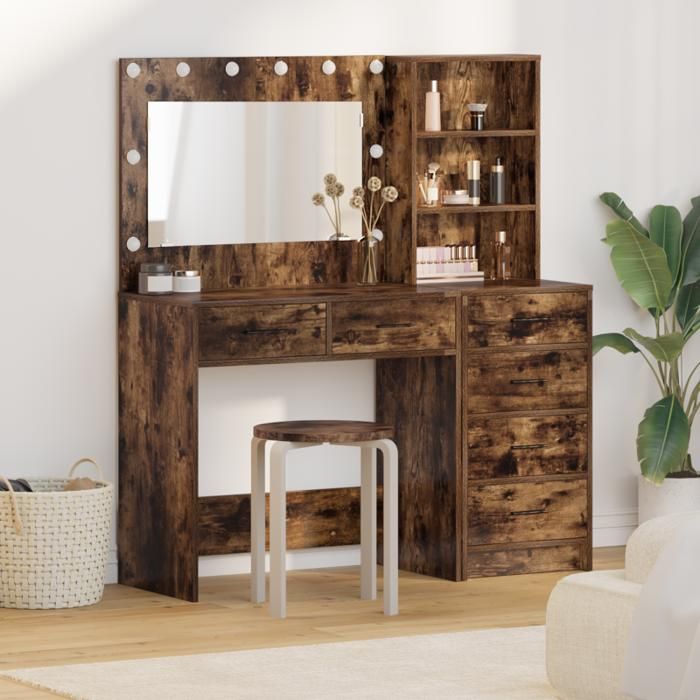 Table de Maquillage - Ensemble 2 Pièces - Chêne Fumé - Miroir Inclus - Éclairage LED