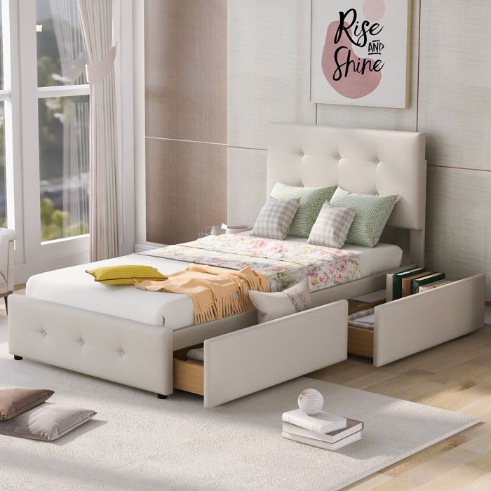 Lit capitonné 90 x 200 cm avec 2 tiroirs de rangement lit denfant avec dossier lit simple avec sommier à lattes Beige Lit capitonné 90 x 200 cm avec 2 tiroirs de rangement lit denfant avec dossier lit simple avec sommier à lattes Beige