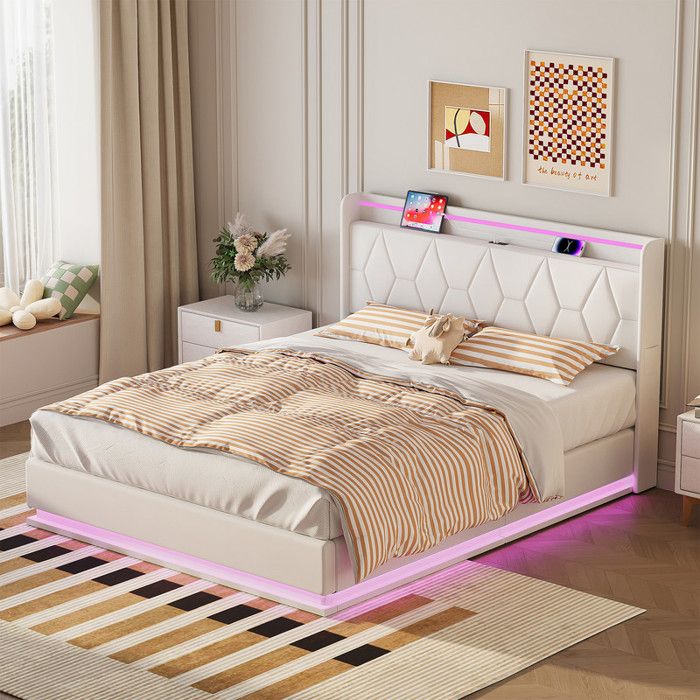 Lit Polster 140x200 cm - avec prise USB, lumière LED, tête de lit réversible avec étagères