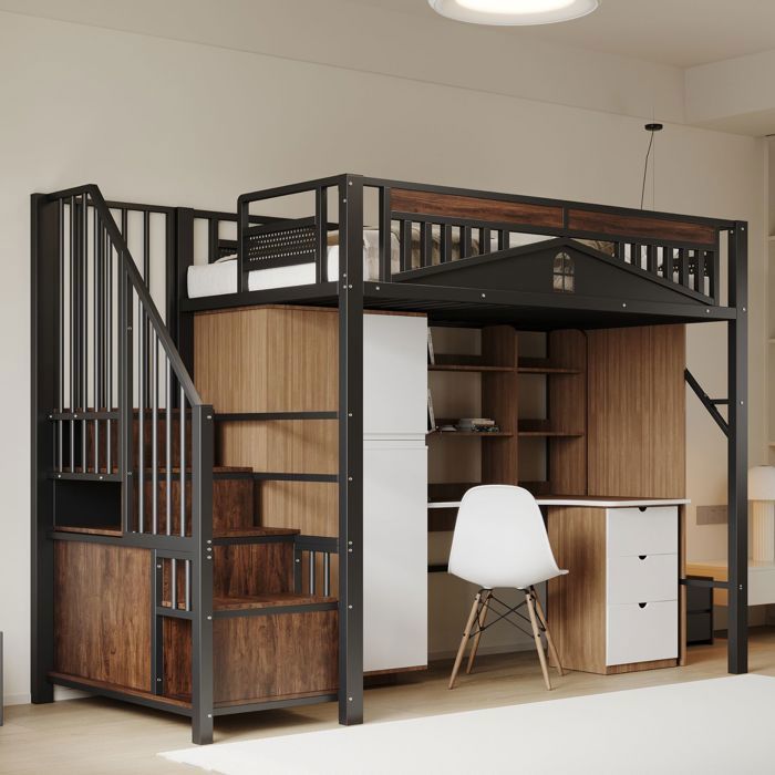 Lit Mezzanine 90x200 cm - Métal et Bois avec Escalier Rangement - lit simple - Armoire Barrière Design Fenêtre 24 Lattes Noir