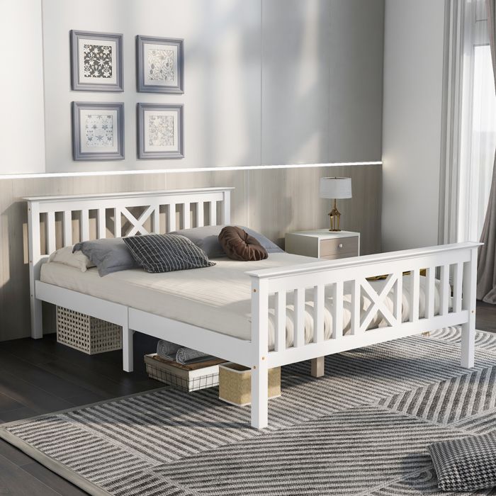 Lit double en bois 140 x 200 cm Cadre en pin massif Lit plat pour enfant et adolescent - Blanc