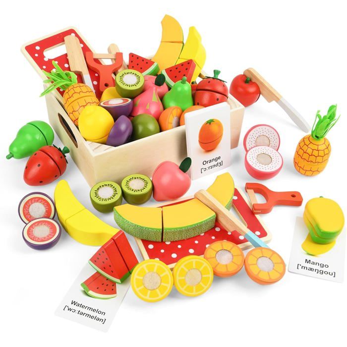 Kit Dinette En Bois – 8 Fruits Et Légumes à Découper Avec Couteau Et Planche – Jeu De Rôle Enfant Dès 2 Ans