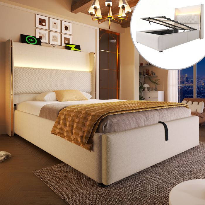 Lit simple rembourré 90 x 200 cm avec éclairage LED Lit coffre avec rangements et ports USB et Type-C aspect Lin Beige